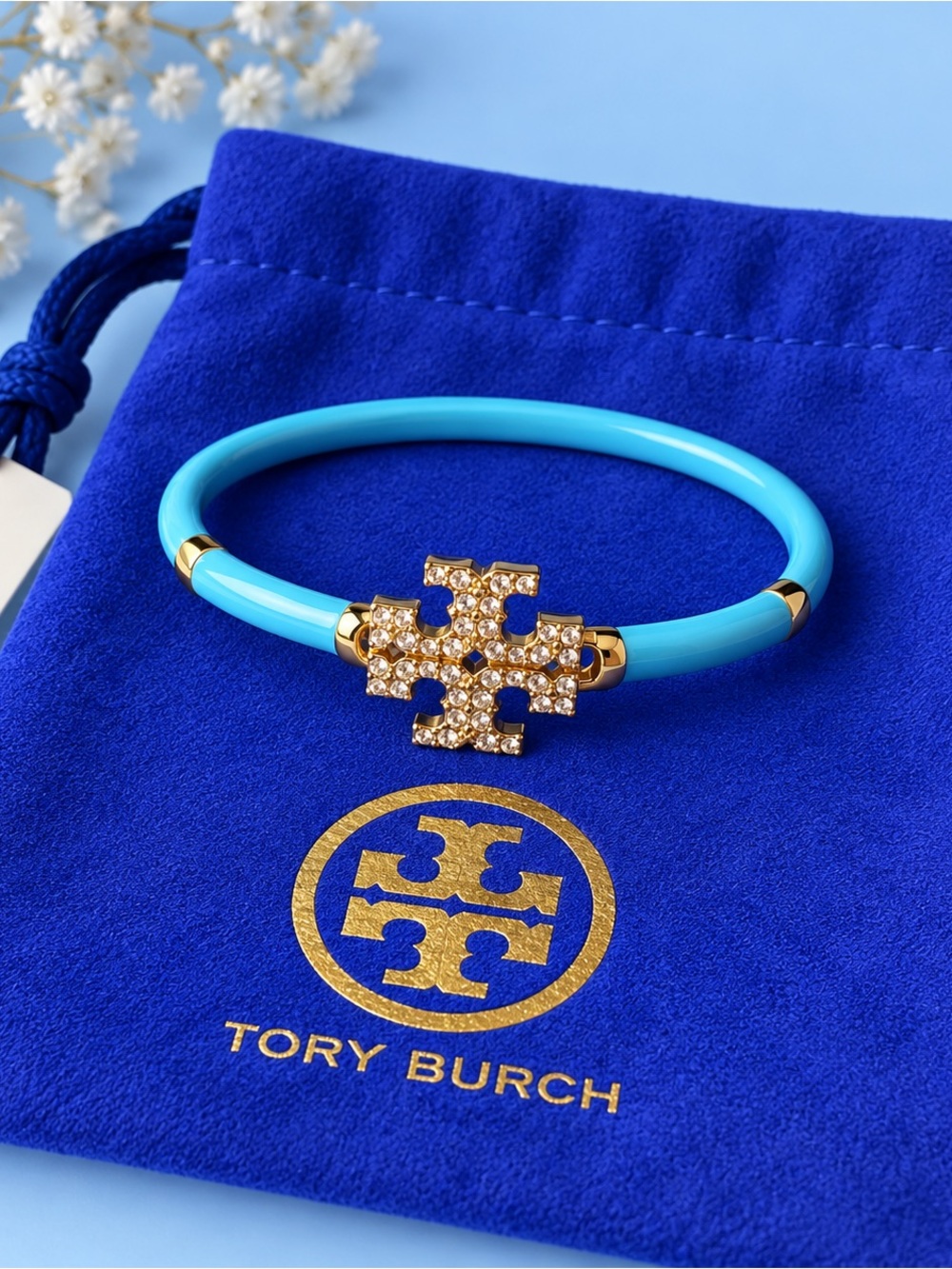 Tory Burch Blue Enamel Logo Crystal Hinge Bangle